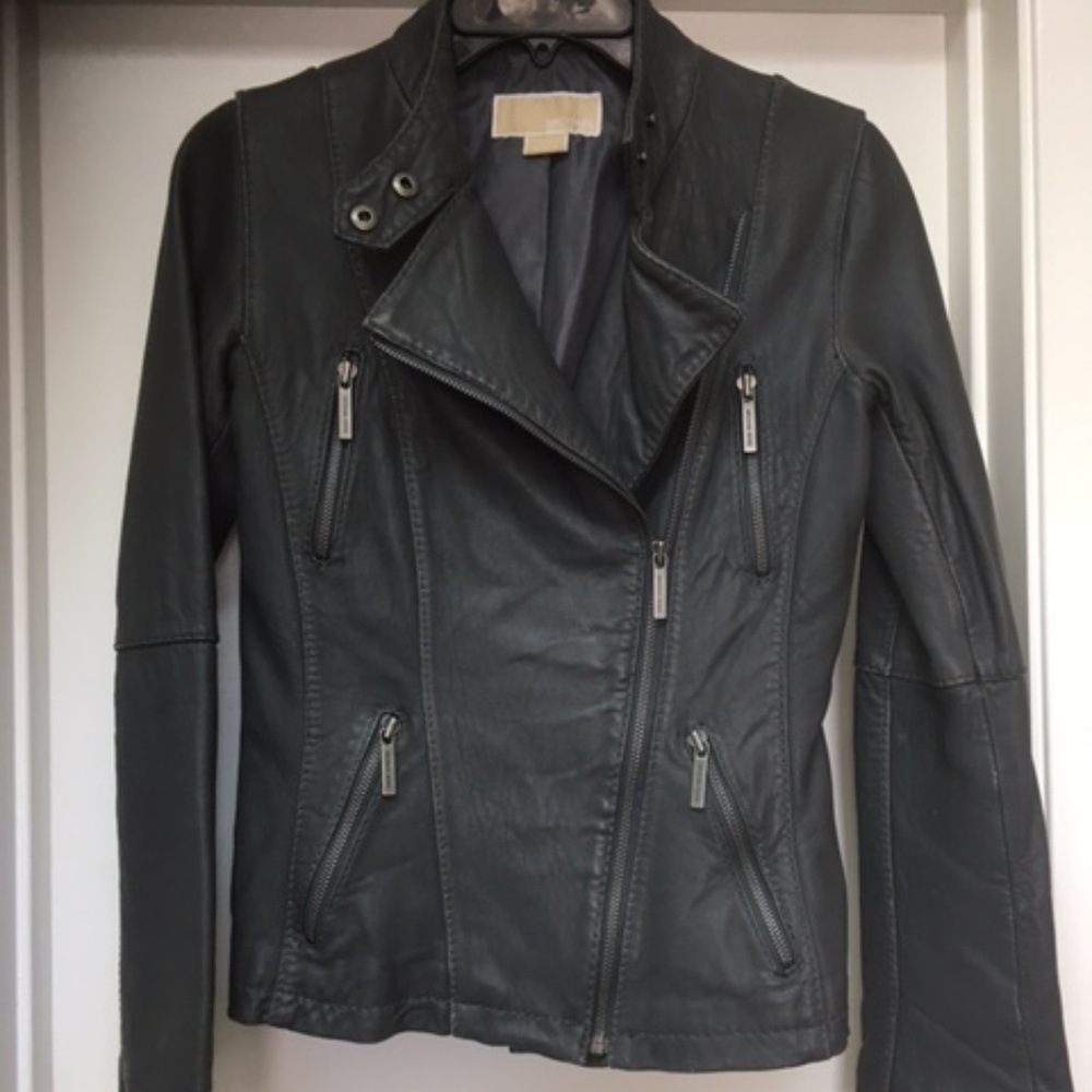 Michael Kors Gray Leather Moto Biker Jacket Zip Pockets